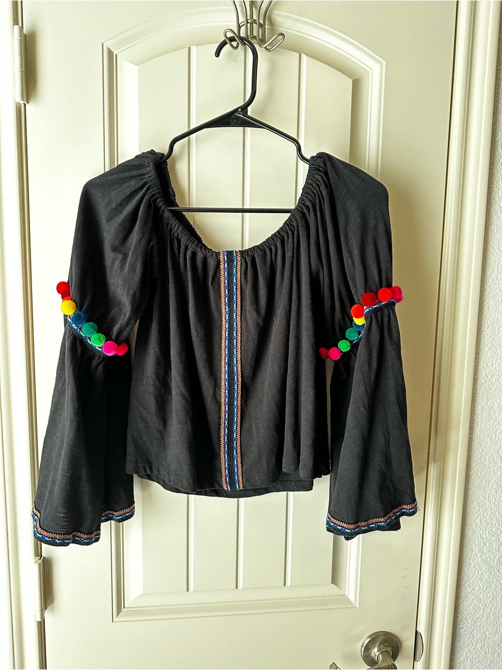 Pitusa Black Boho Rainbow Pom-Pom Beachy Bell Sleeve Peasant Blouse One Size